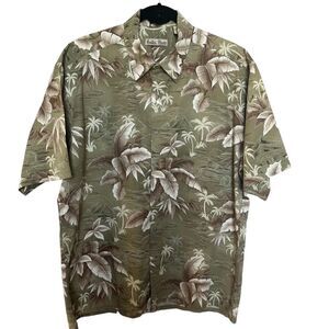 Hollis River Men's Short Sleeve Button Up Shirt Size Large Green/Tan Leaves